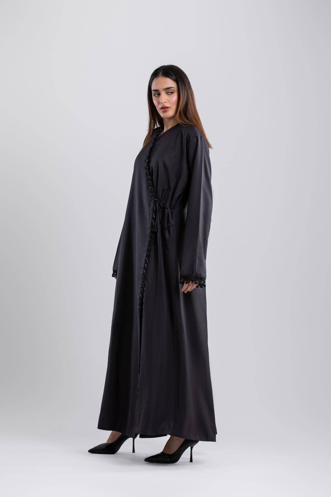 Black Side-Closing Abaya – Boss Vibe with Crochet Details & Rope Closure