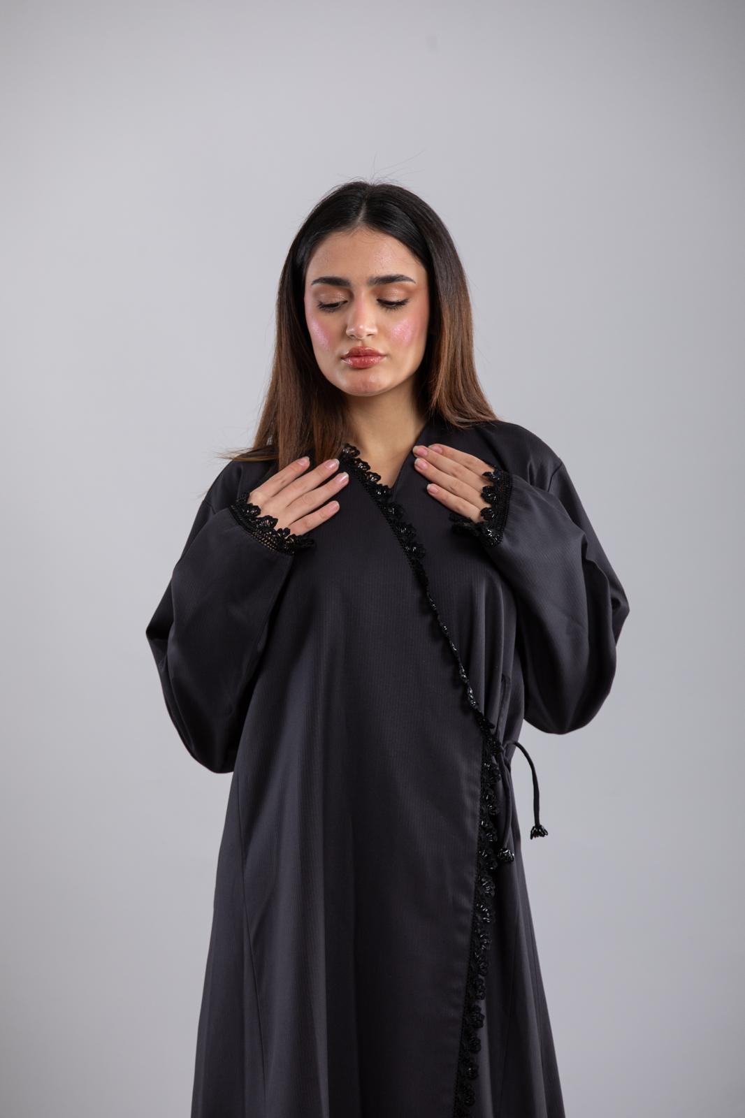 Black Side-Closing Abaya – Boss Vibe with Crochet Details & Rope Closure