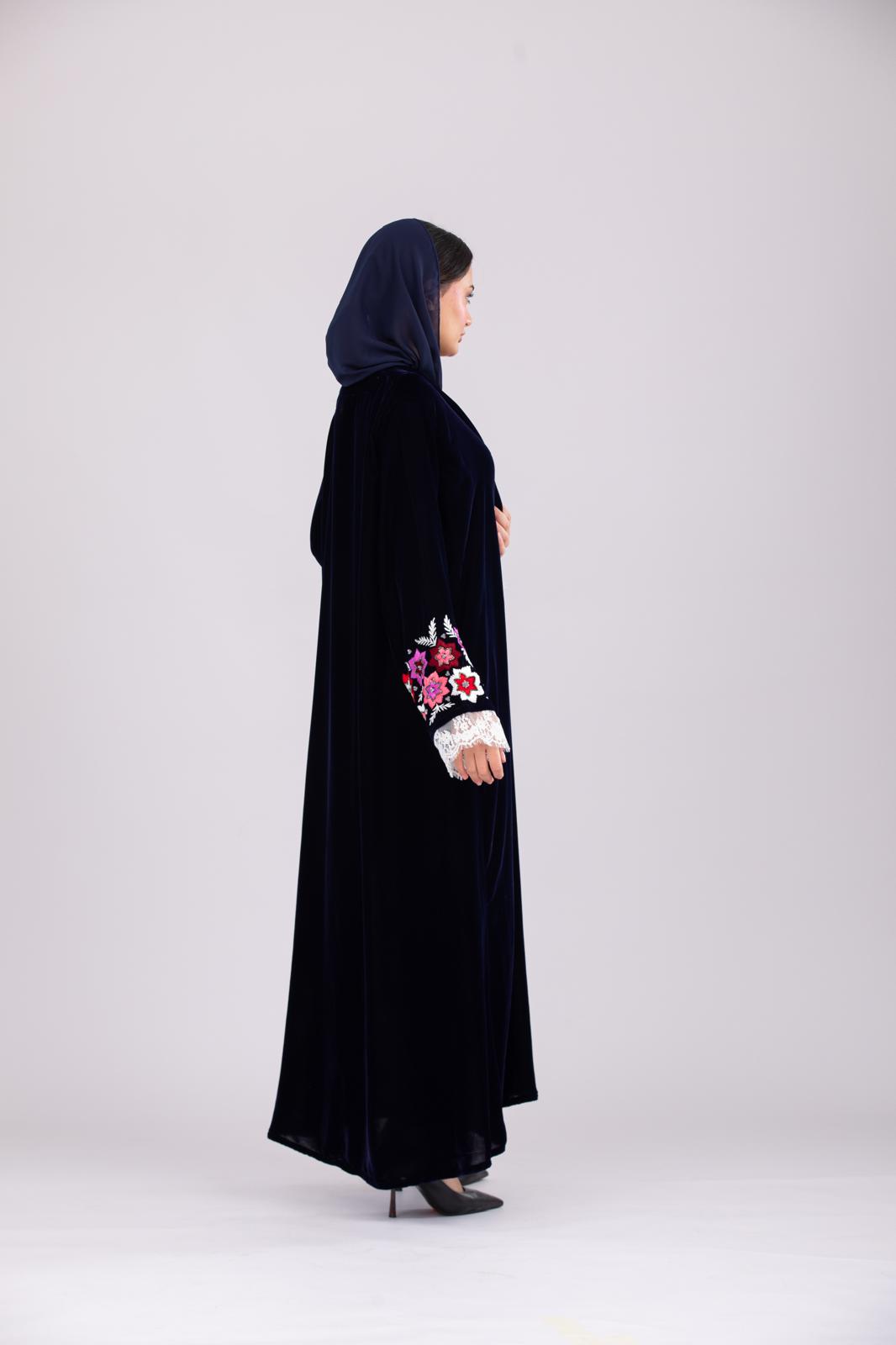 Pure Makhmal Abaya in Dark Navy with Lace & Handwork