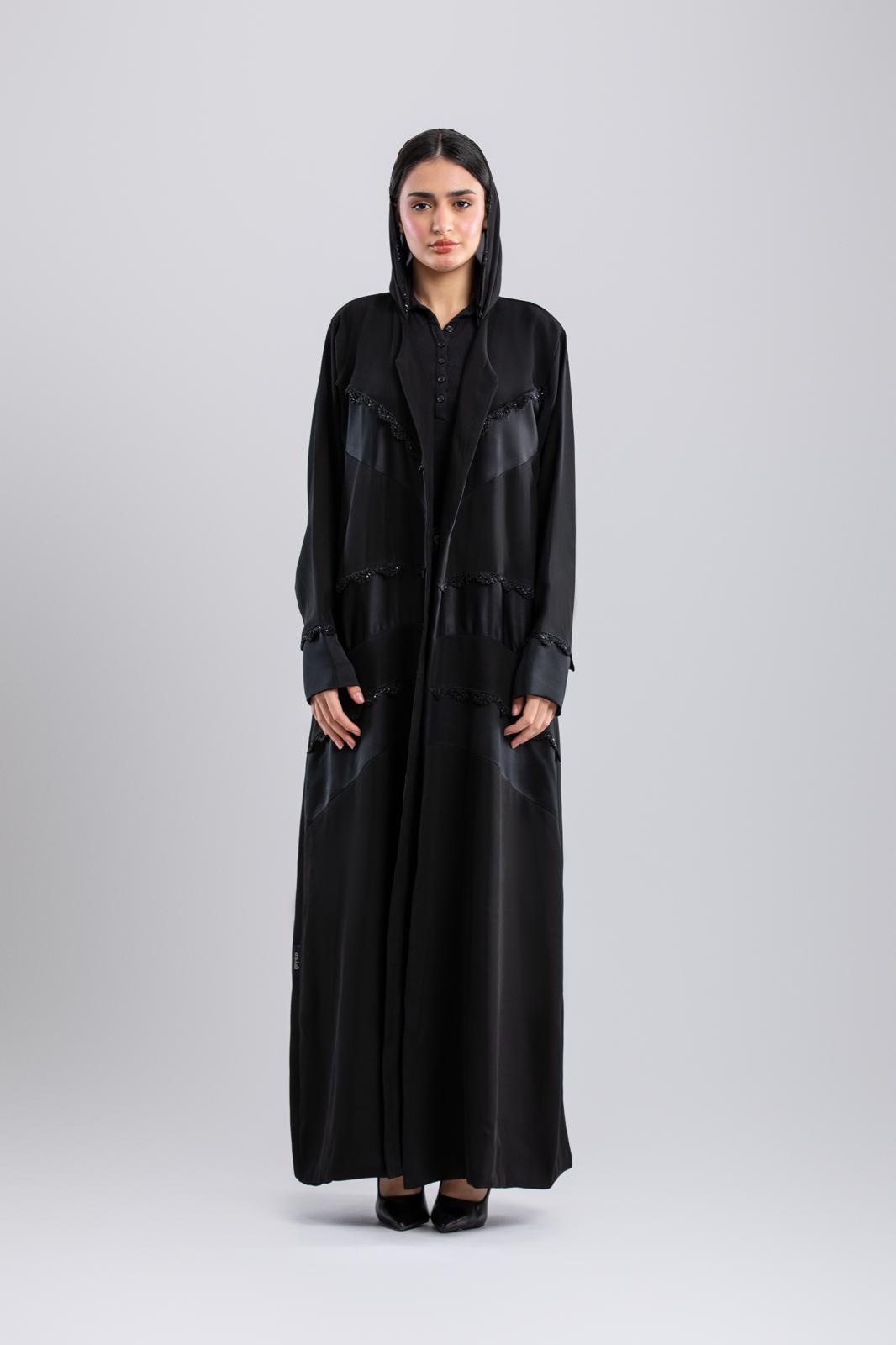 Black Crochet Abaya – Special Design with Side Panels & Front Lining