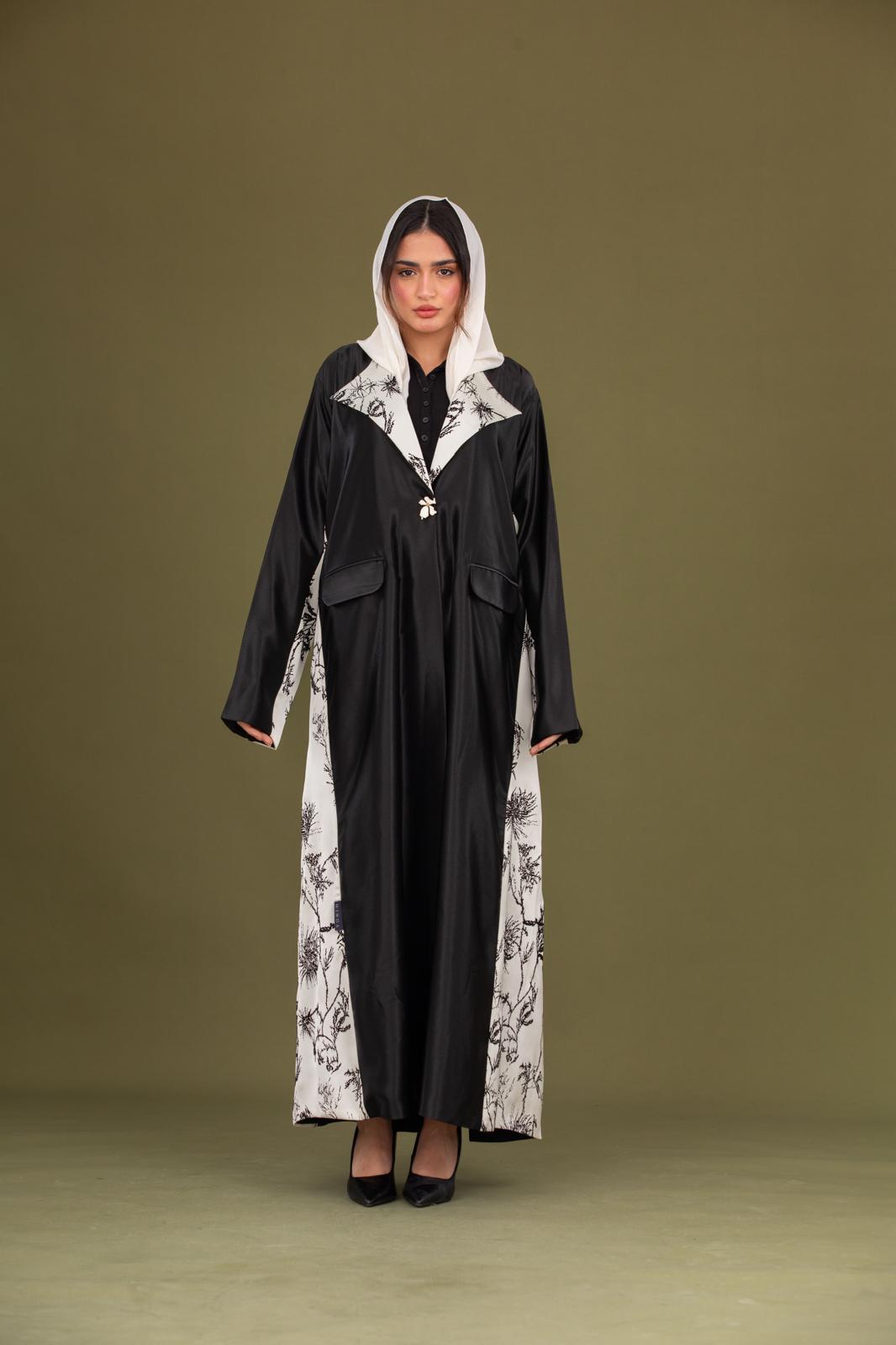 Black & Cream Abaya – Pure Silk with Velvet Print