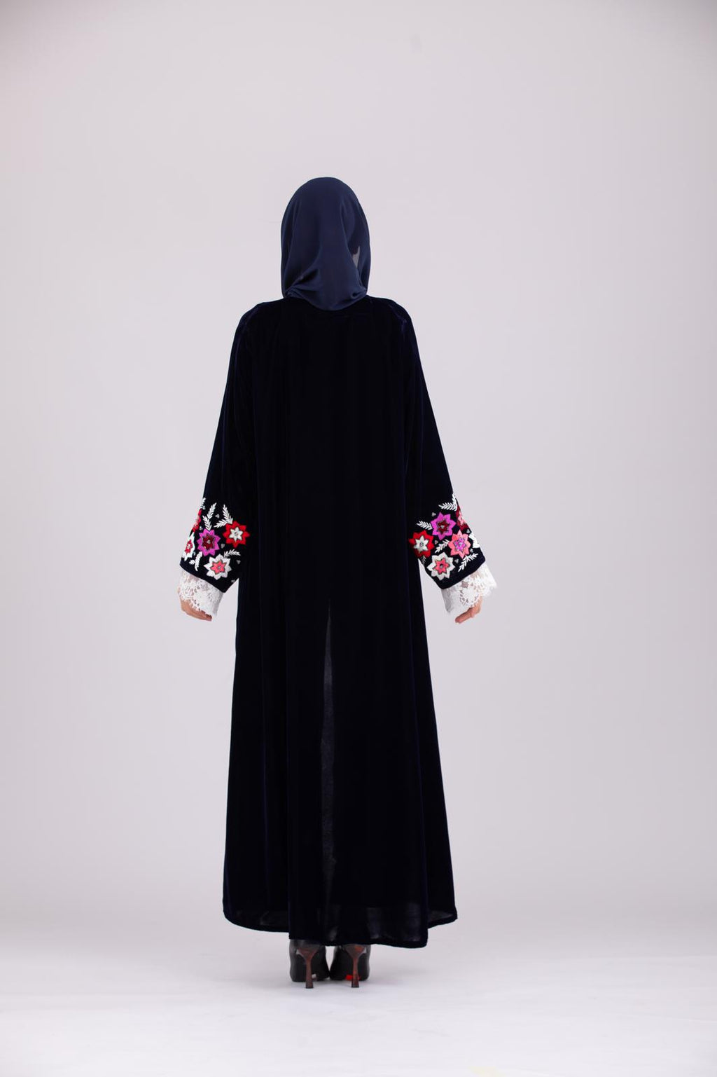 Pure Makhmal Abaya in Dark Navy with Lace & Handwork