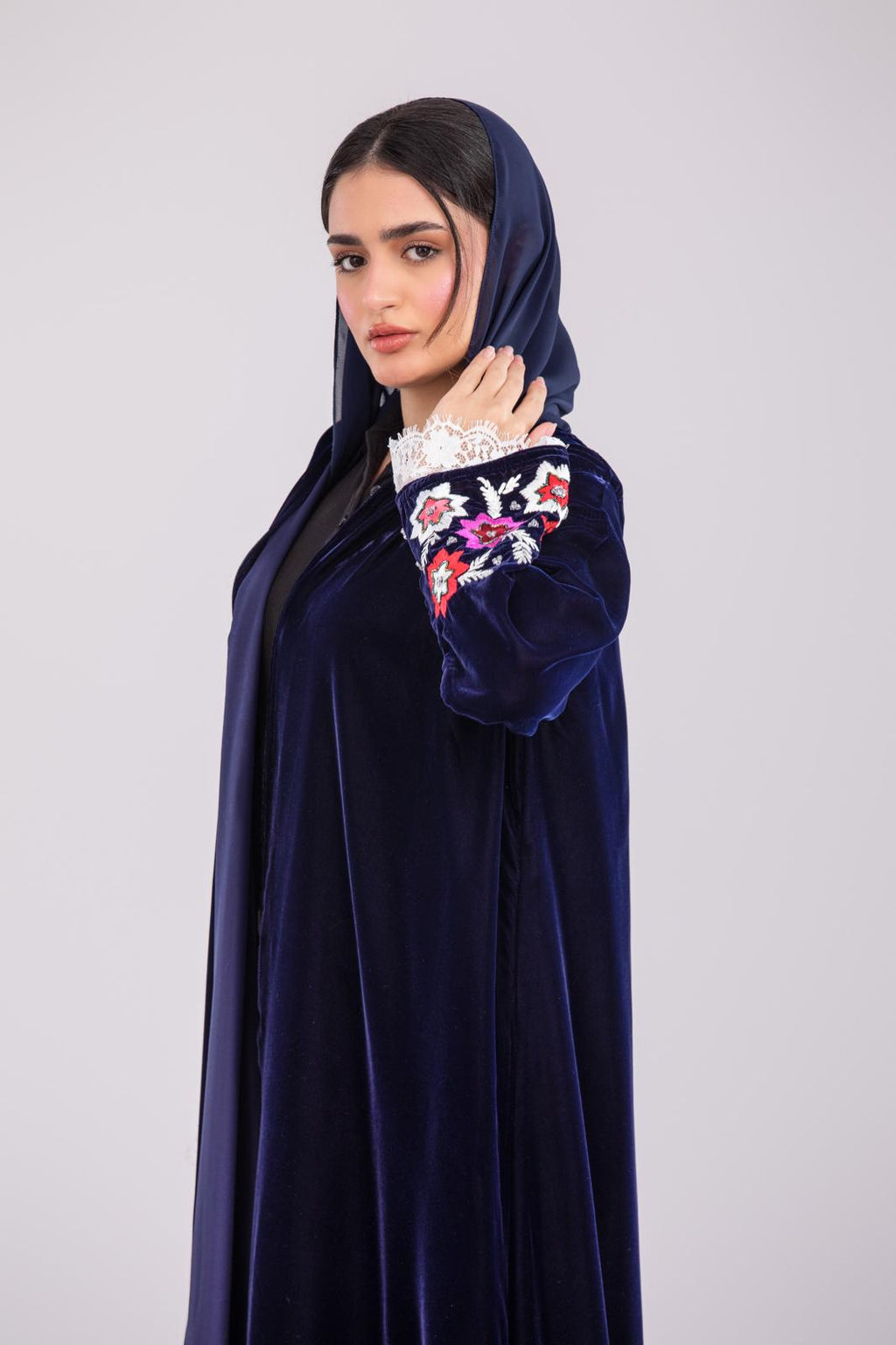 Pure Makhmal Abaya in Dark Navy with Lace & Handwork