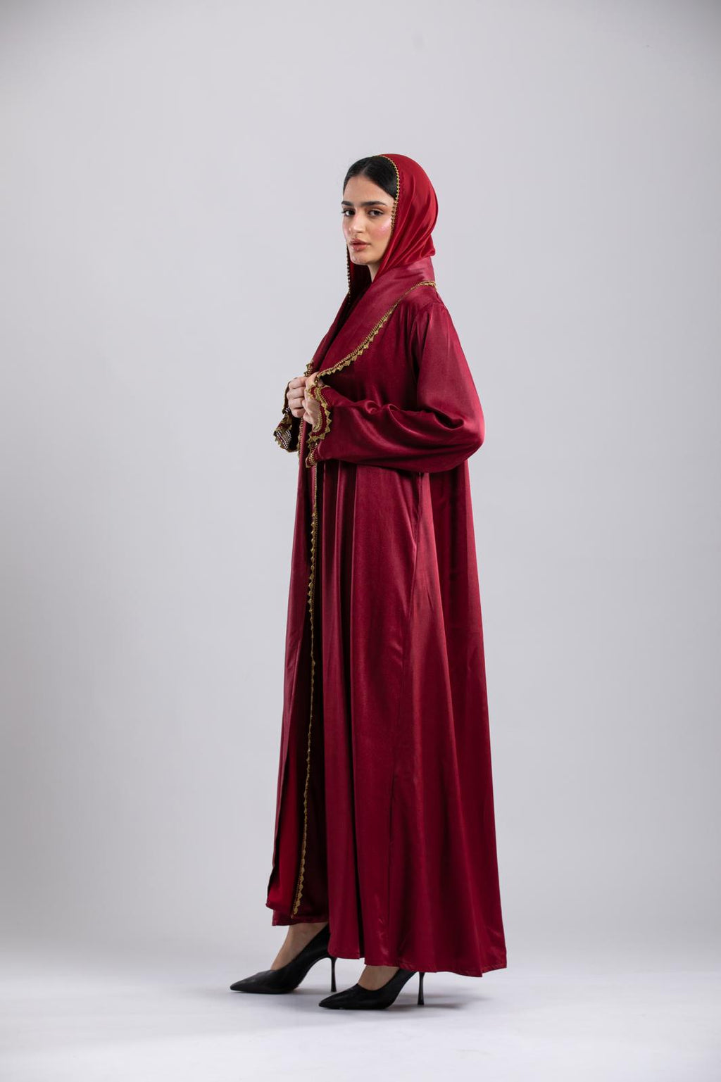 Shimmery dark Mehroon Blazer Abaya – Crochet Detailing, December Special