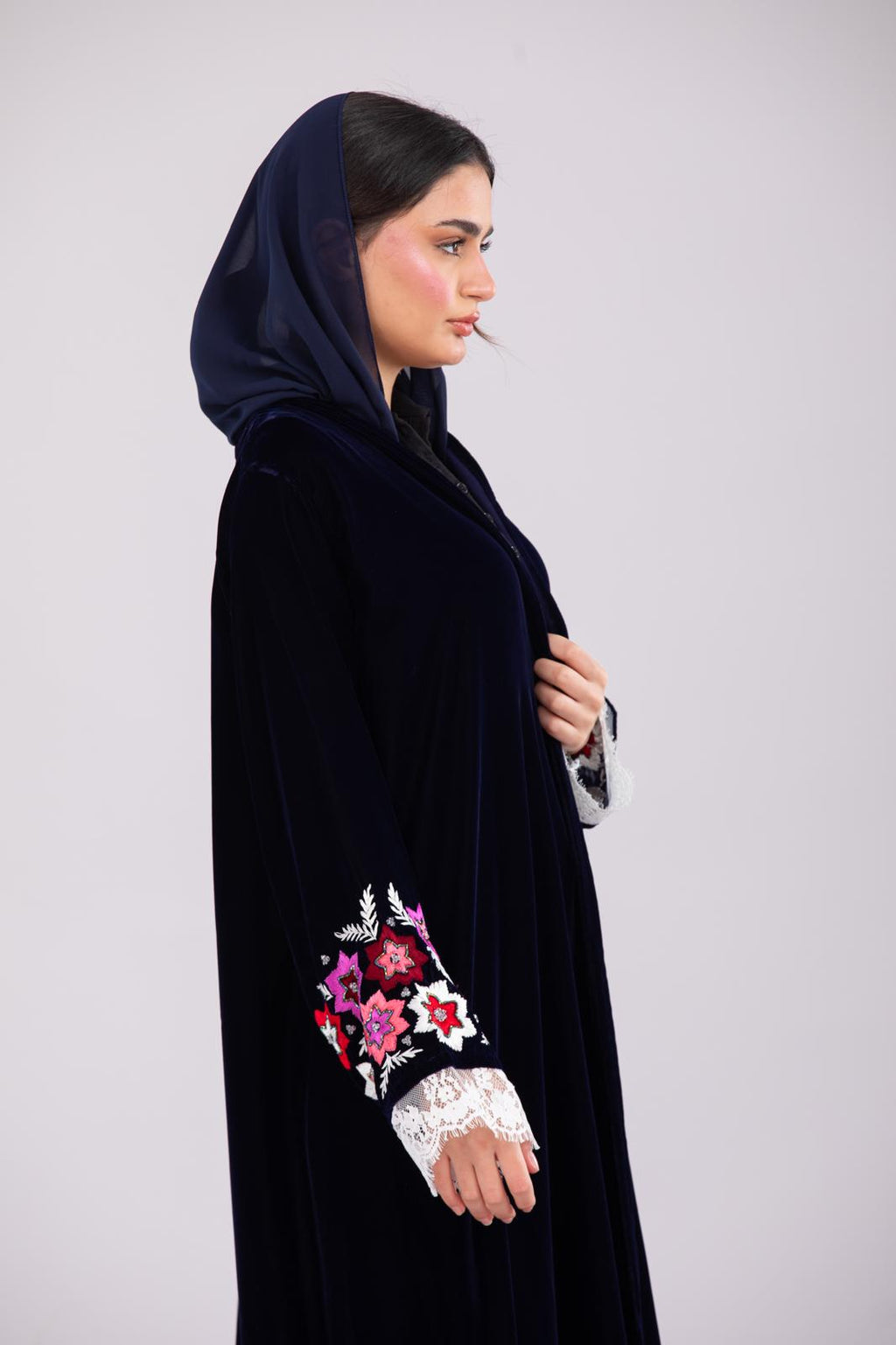 Pure Makhmal Abaya in Dark Navy with Lace & Handwork