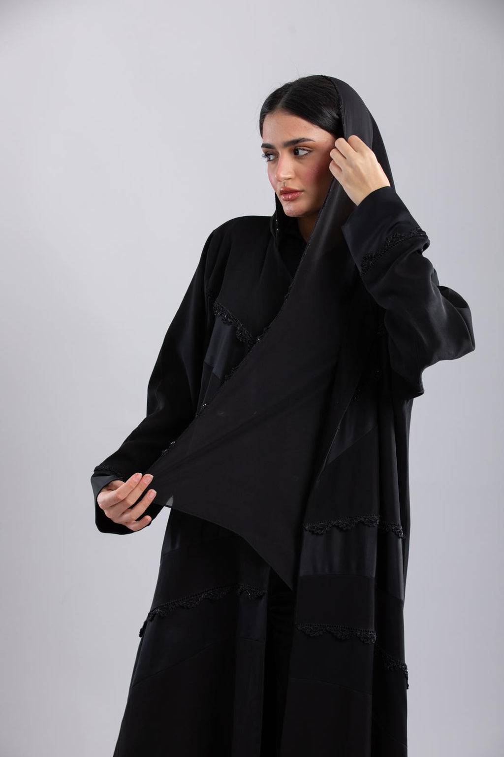 Black Crochet Abaya – Special Design with Side Panels & Front Lining