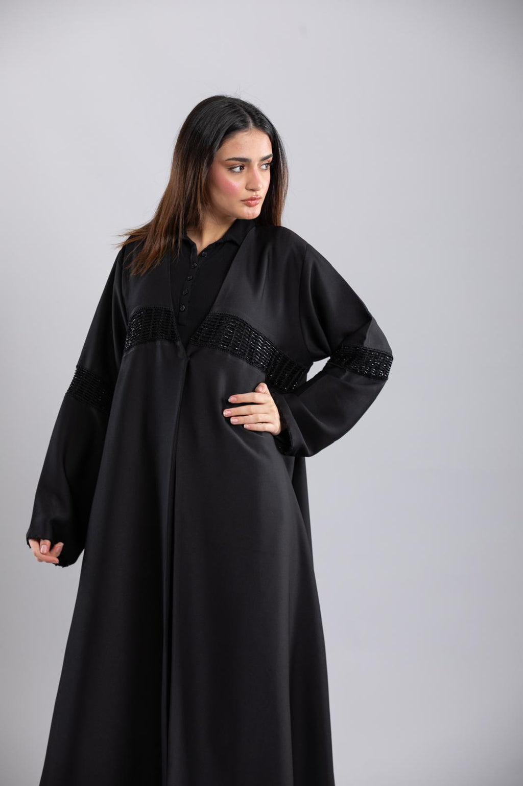Italian Crepe Abaya – Elegant Design with Crochet Details