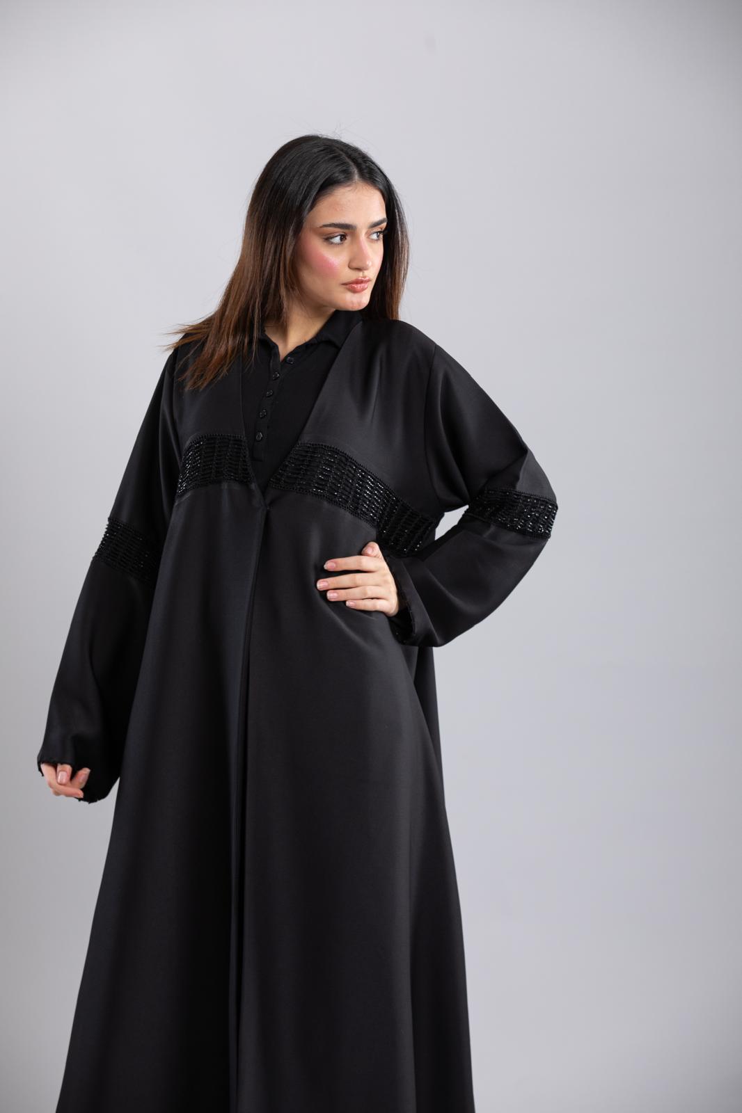 Italian Crepe Abaya – Elegant Design with Crochet Details