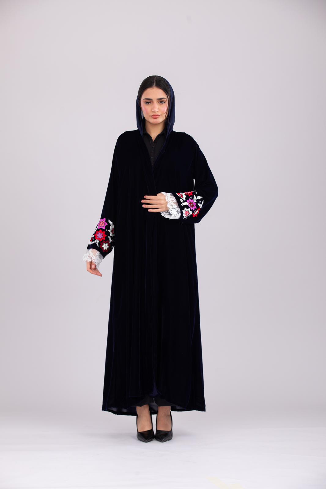 Pure Makhmal Abaya in Dark Navy with Lace & Handwork