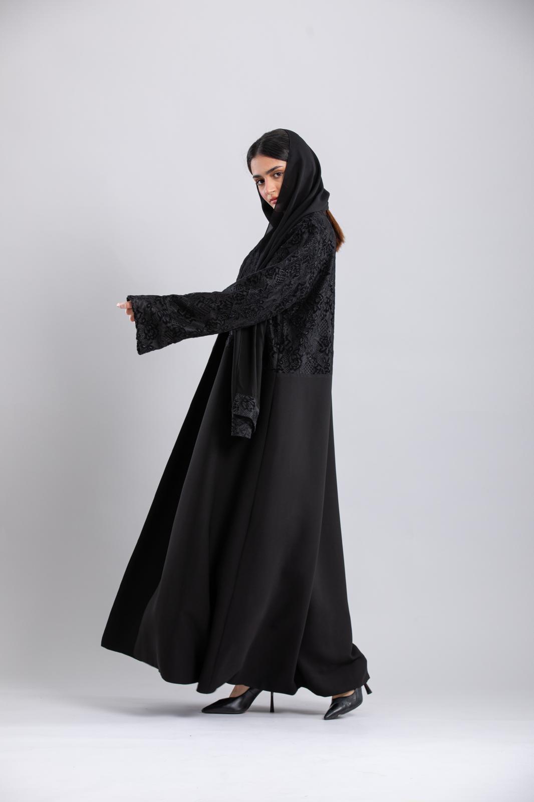All-Black Abaya – Unique Velvet Detailing