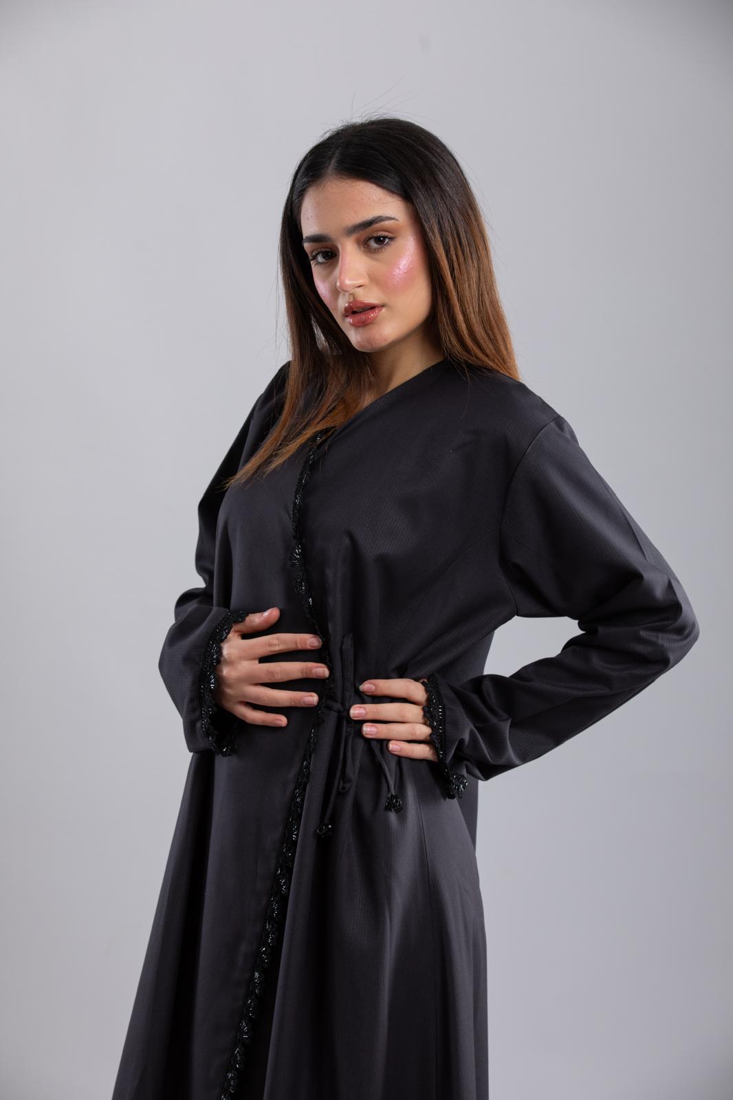 Black Side-Closing Abaya – Boss Vibe with Crochet Details & Rope Closure