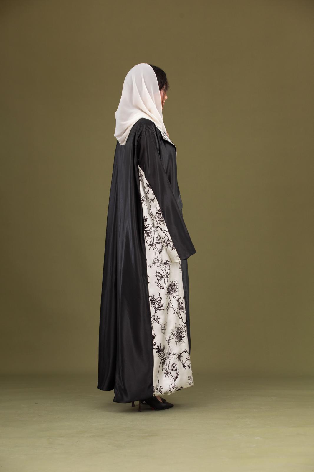 Black & Cream Abaya – Pure Silk with Velvet Print