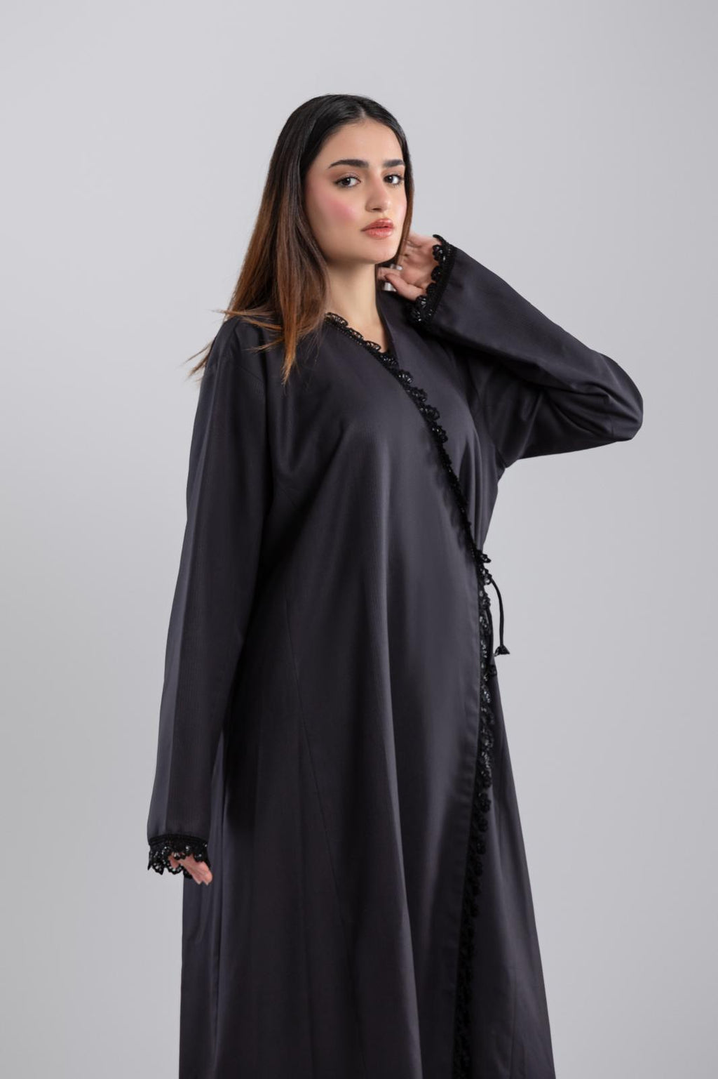 Black Side-Closing Abaya – Boss Vibe with Crochet Details & Rope Closure