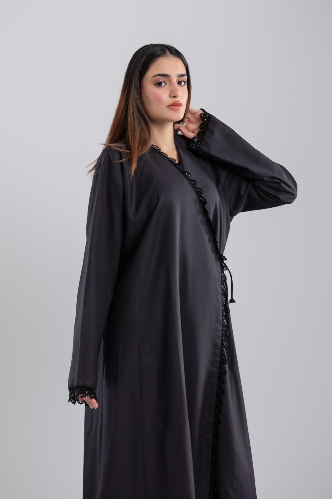 Black Side-Closing Abaya – Boss Vibe with Crochet Details & Rope Closure