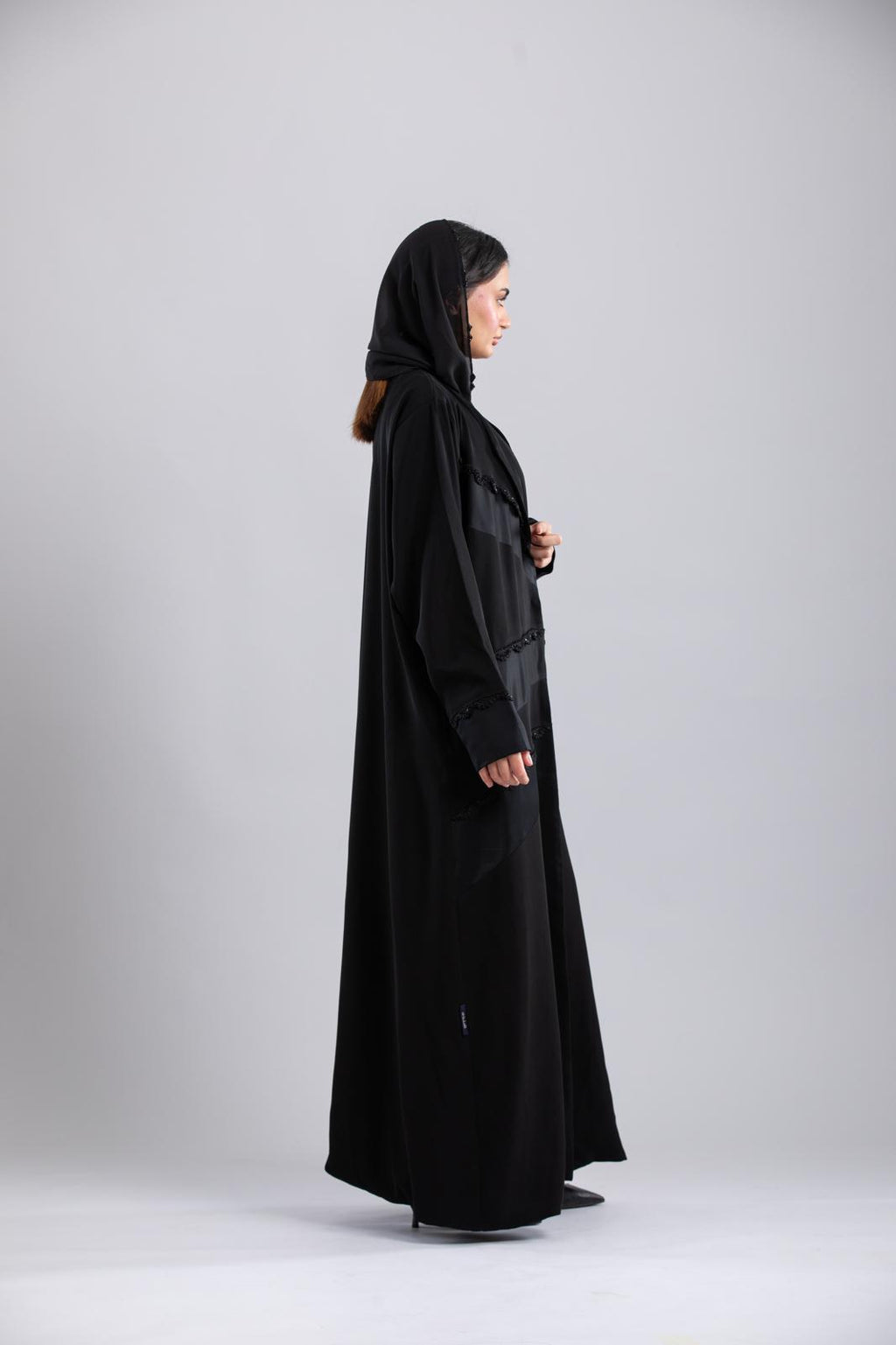 Black Crochet Abaya – Special Design with Side Panels & Front Lining