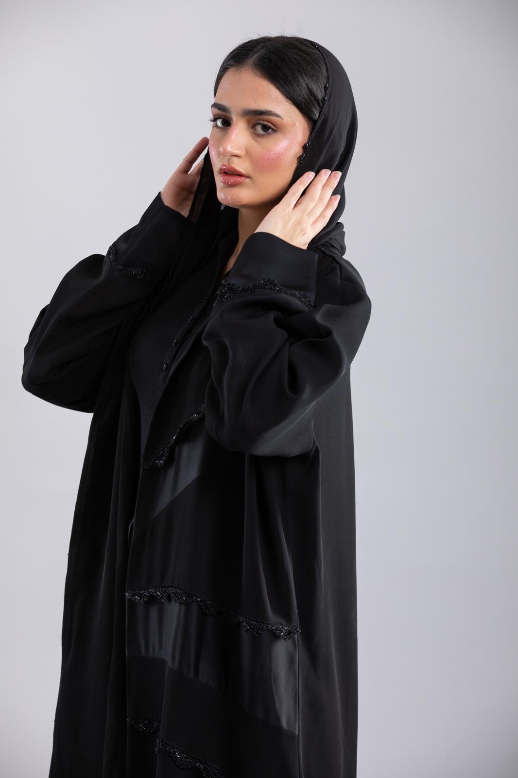 Black Crochet Abaya – Special Design with Side Panels & Front Lining