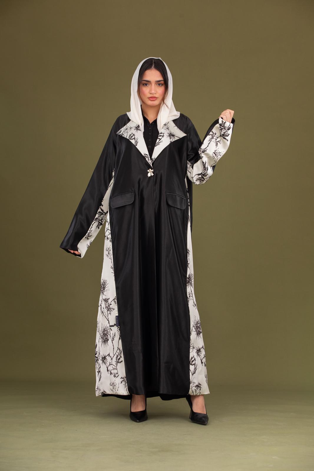 Black & Cream Abaya – Pure Silk with Velvet Print