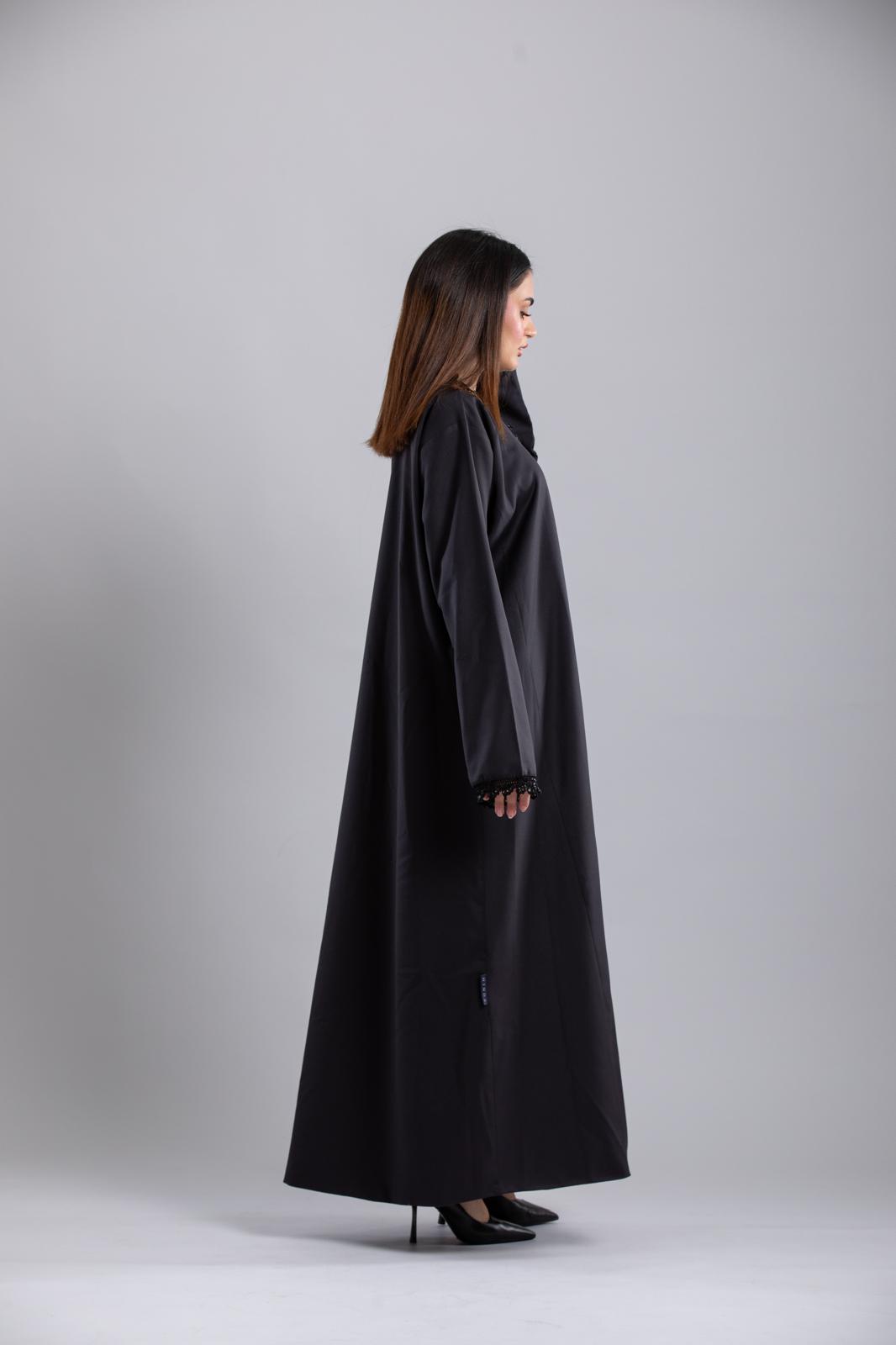 Italian Crepe Abaya – Elegant Design with Crochet Details