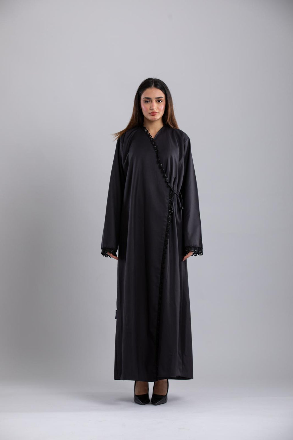 Black Side-Closing Abaya – Boss Vibe with Crochet Details & Rope Closure