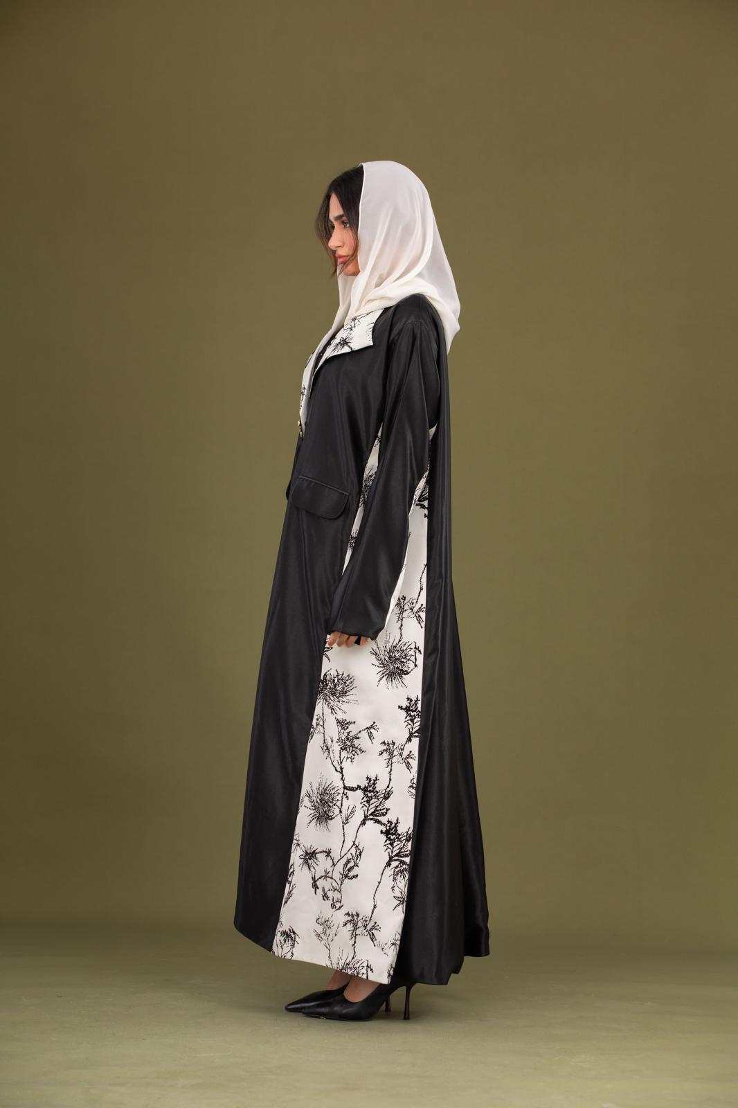 Black & Cream Abaya – Pure Silk with Velvet Print