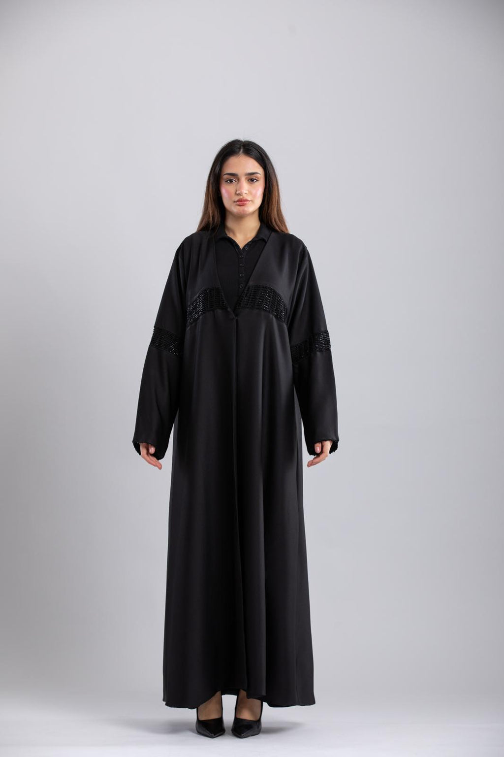 Italian Crepe Abaya – Elegant Design with Crochet Details
