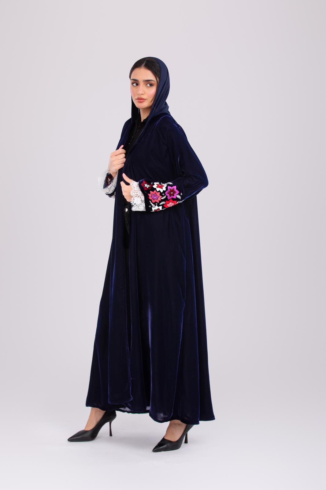 Pure Makhmal Abaya in Dark Navy with Lace & Handwork