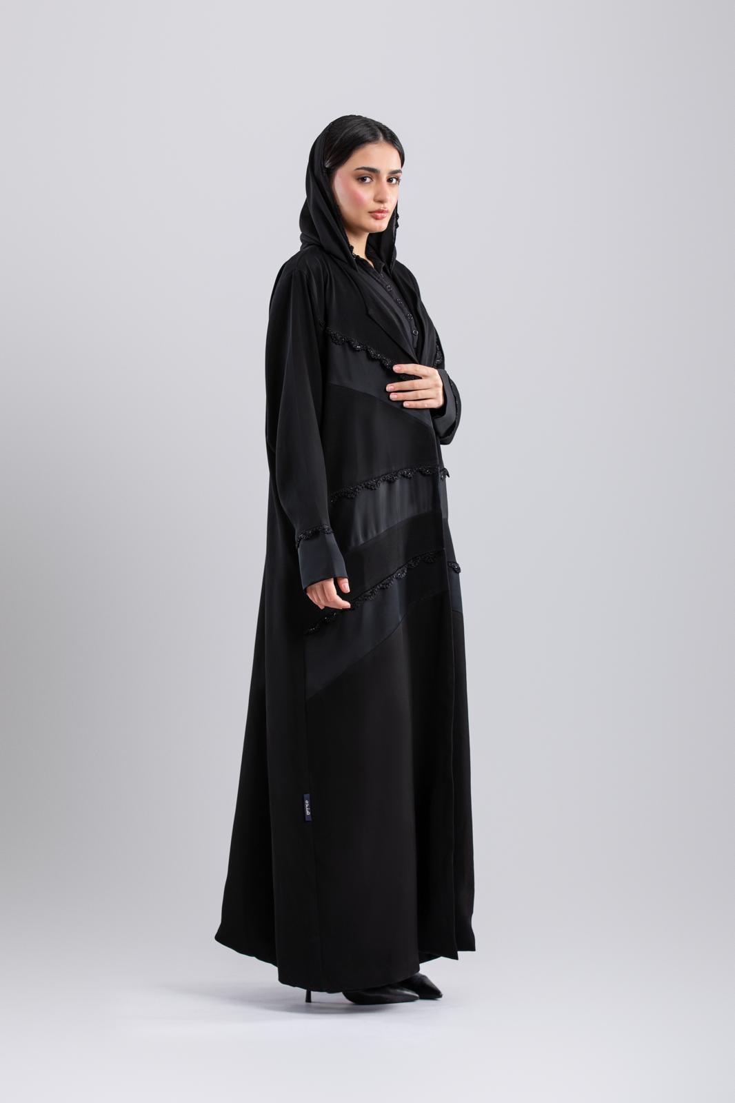 Black Crochet Abaya – Special Design with Side Panels & Front Lining