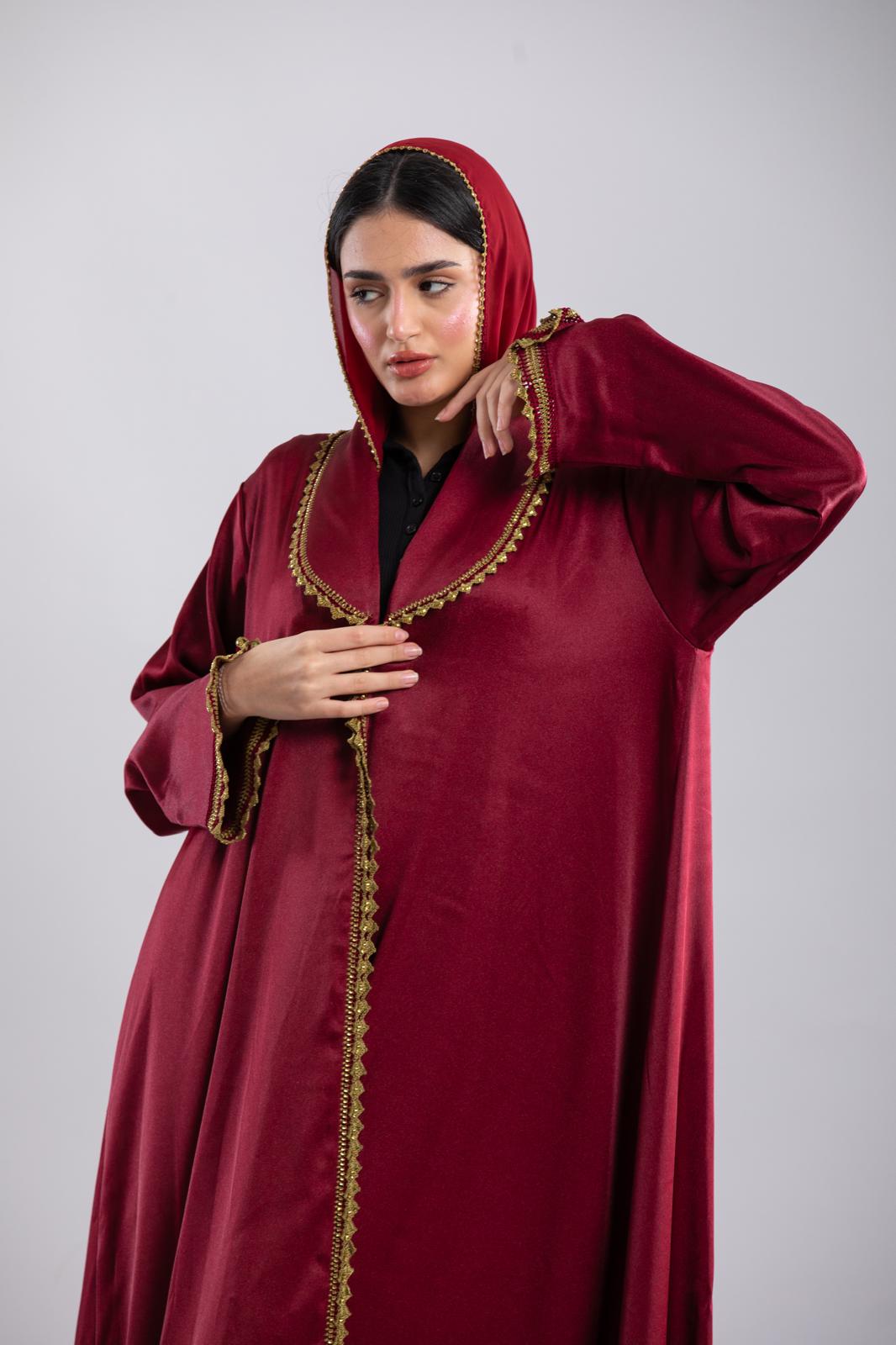 Shimmery dark Mehroon Blazer Abaya – Crochet Detailing, December Special