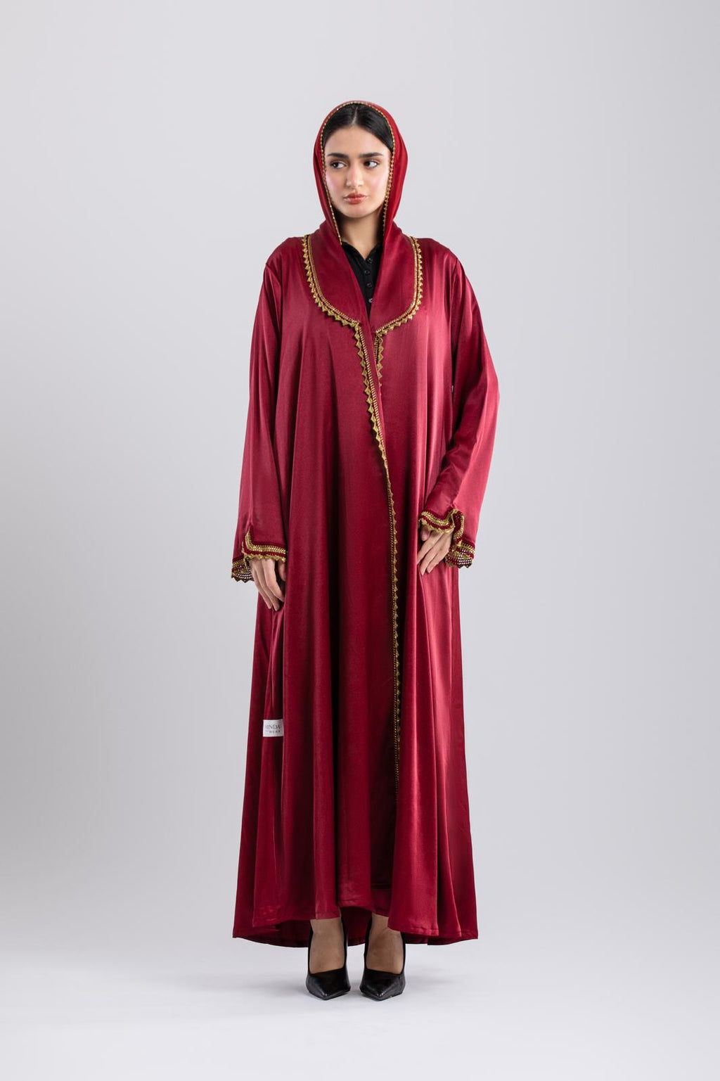 Shimmery dark Mehroon Blazer Abaya – Crochet Detailing, December Special