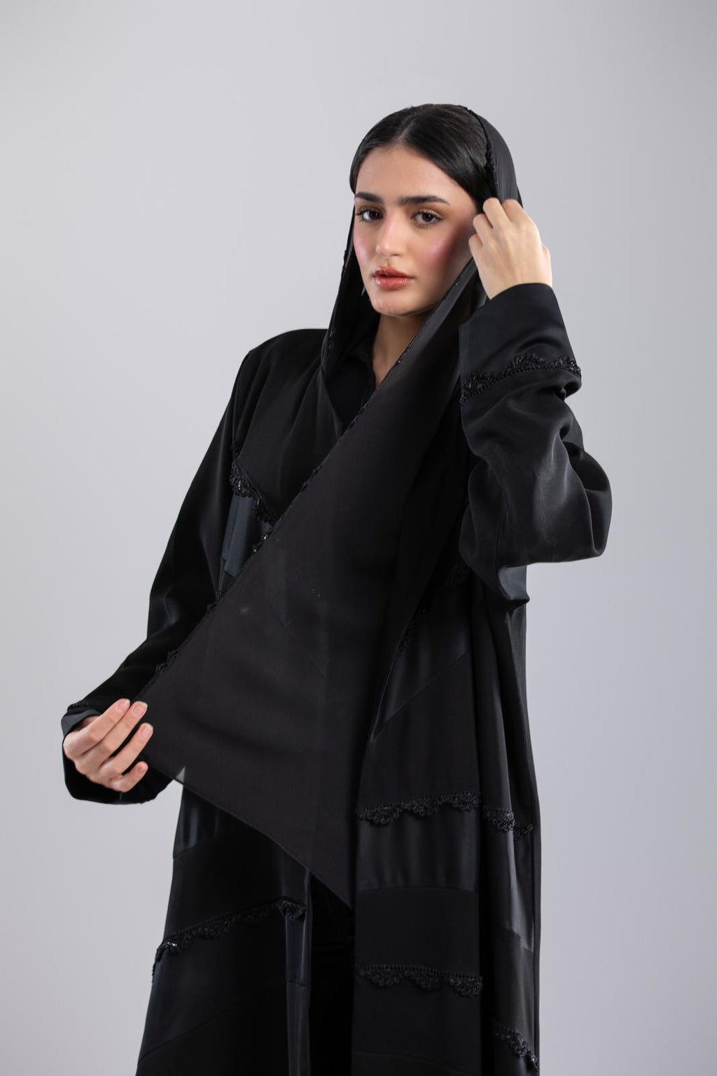 Black Crochet Abaya – Special Design with Side Panels & Front Lining