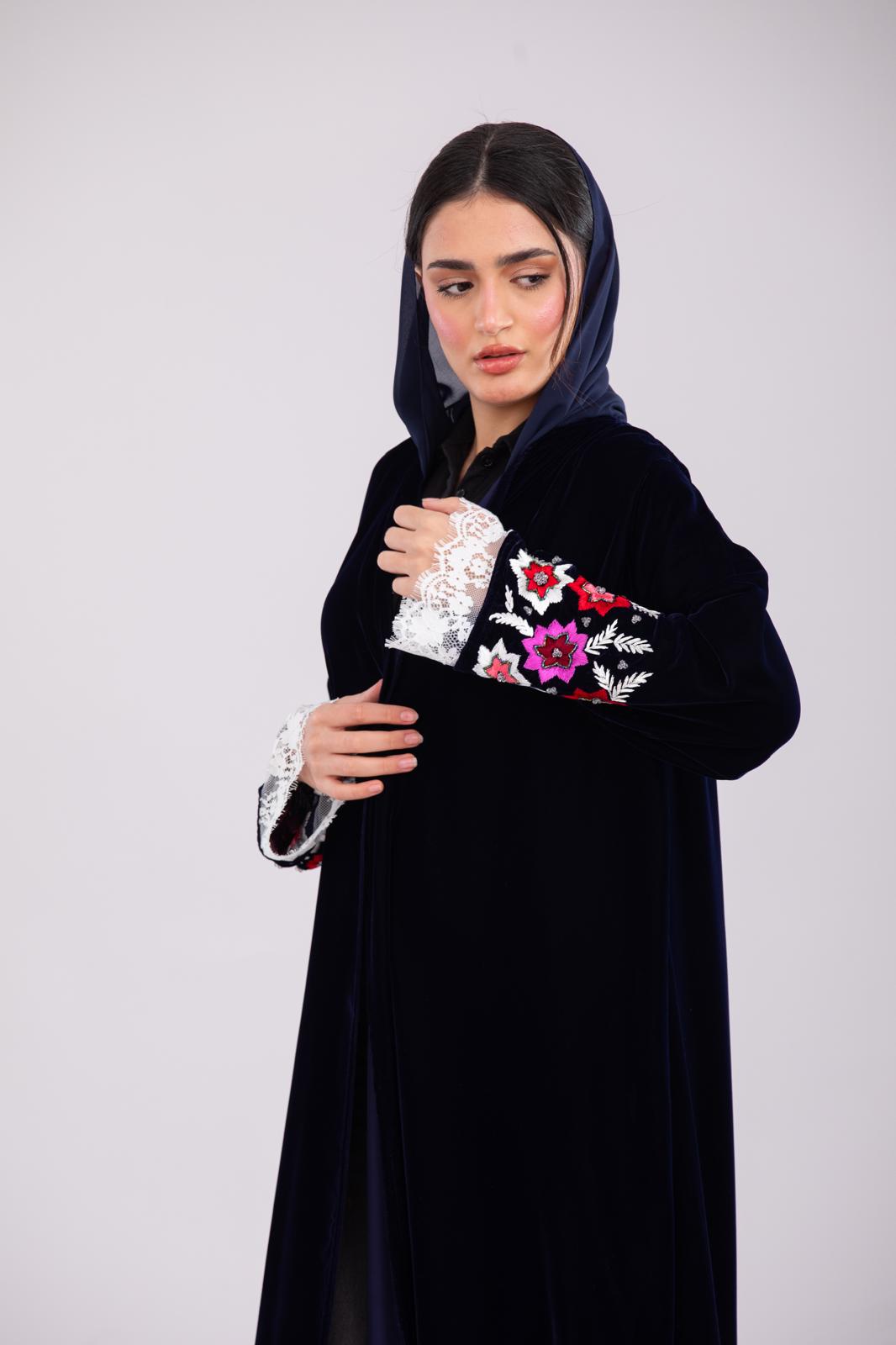 Pure Makhmal Abaya in Dark Navy with Lace & Handwork