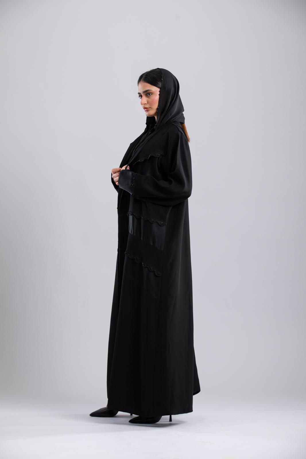 Black Crochet Abaya – Special Design with Side Panels & Front Lining