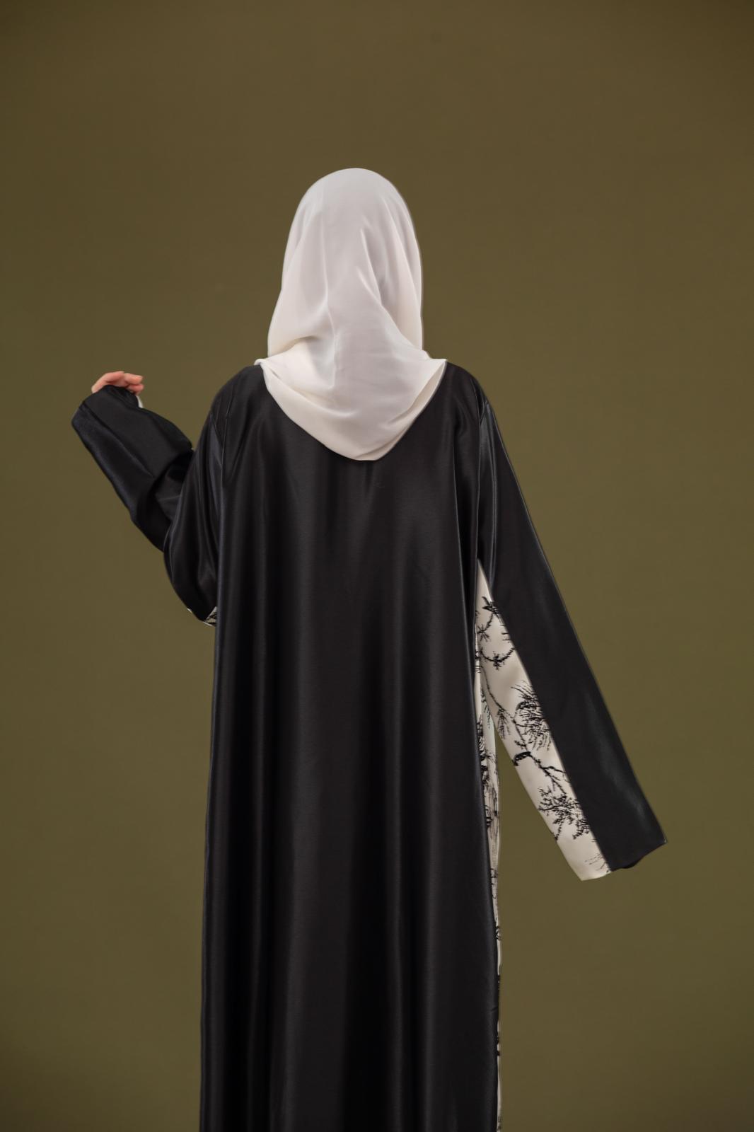 Black & Cream Abaya – Pure Silk with Velvet Print
