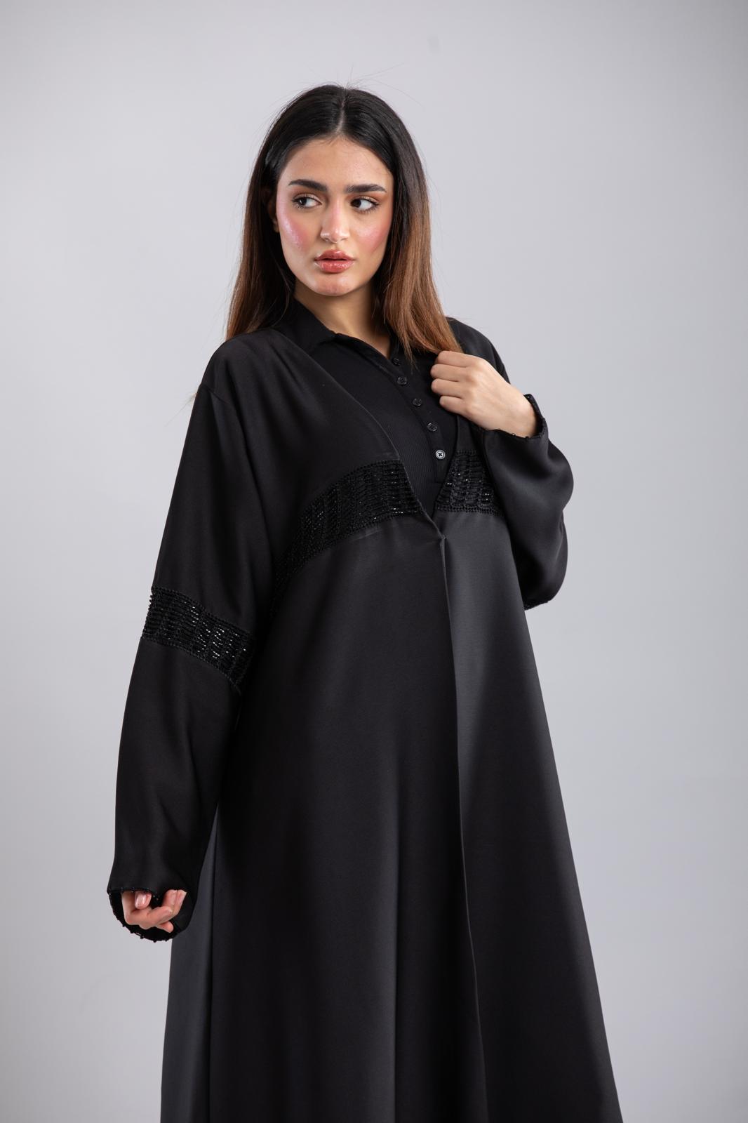 Italian Crepe Abaya – Elegant Design with Crochet Details