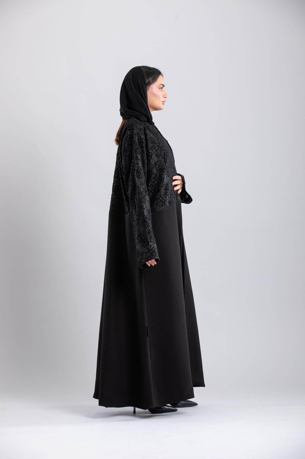 All-Black Abaya – Unique Velvet Detailing