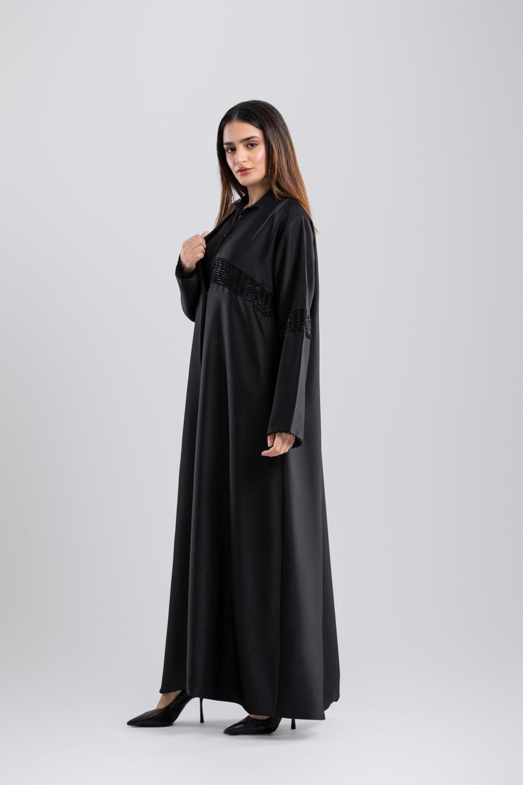 Italian Crepe Abaya – Elegant Design with Crochet Details