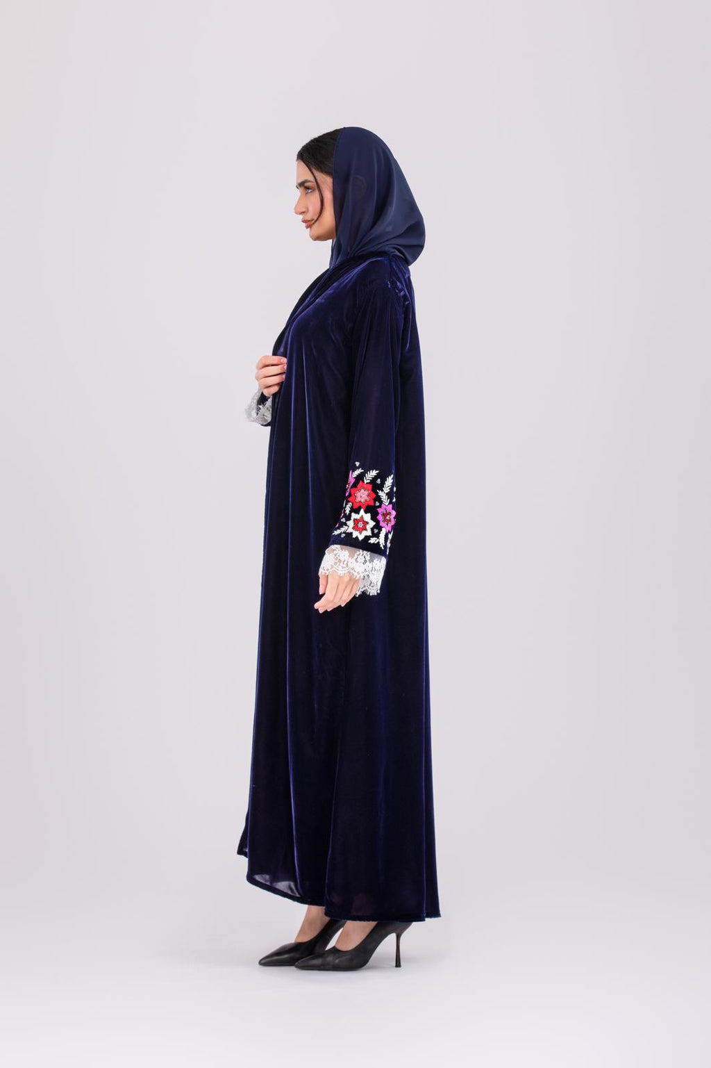 Pure Makhmal Abaya in Dark Navy with Lace & Handwork