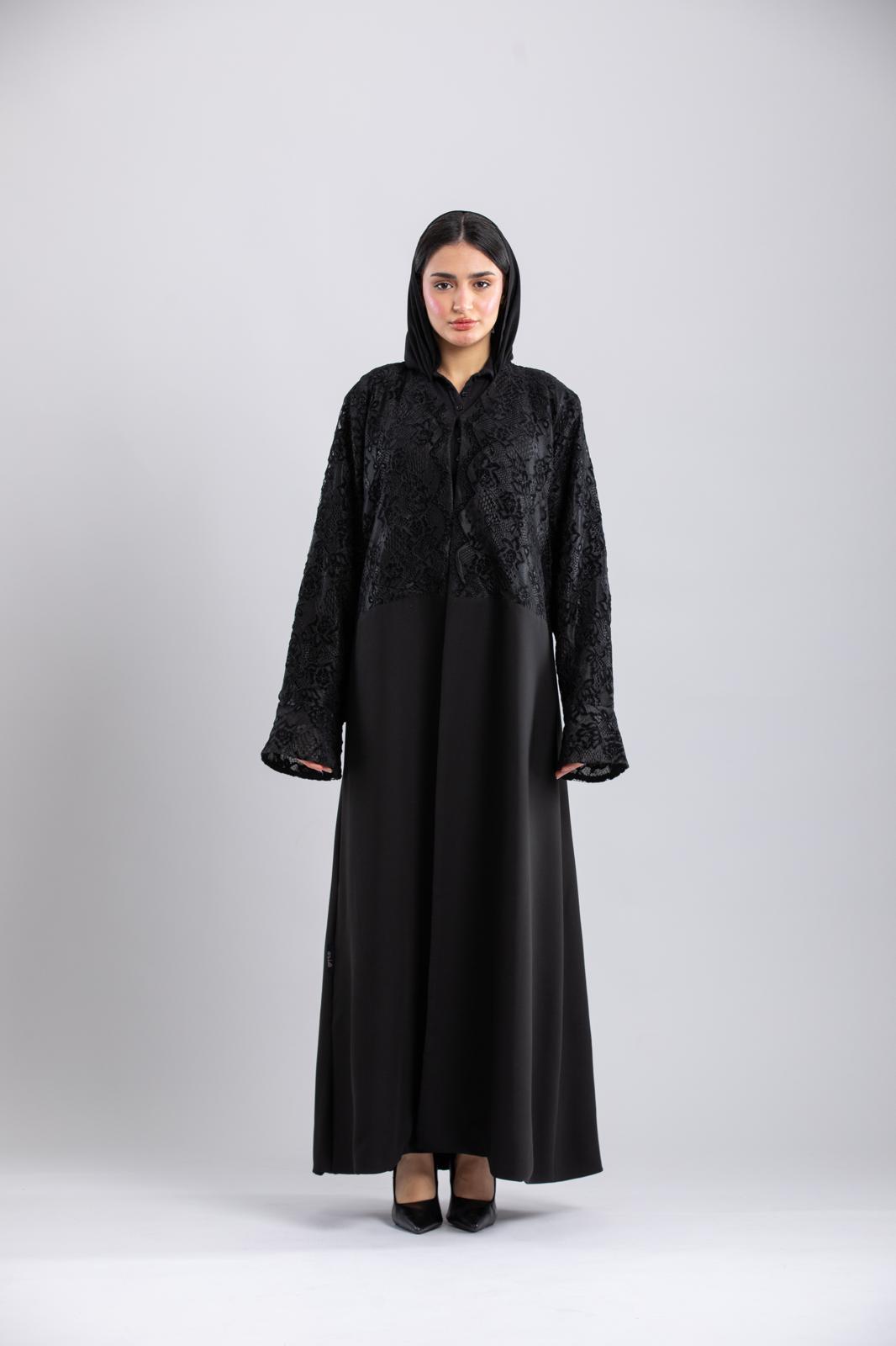 All-Black Abaya – Unique Velvet Detailing