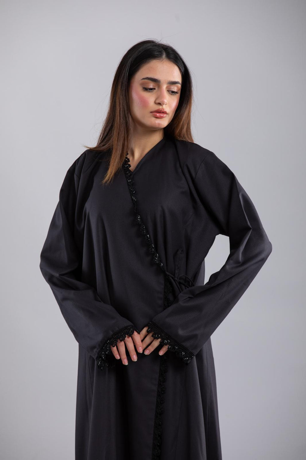 Black Side-Closing Abaya – Boss Vibe with Crochet Details & Rope Closure