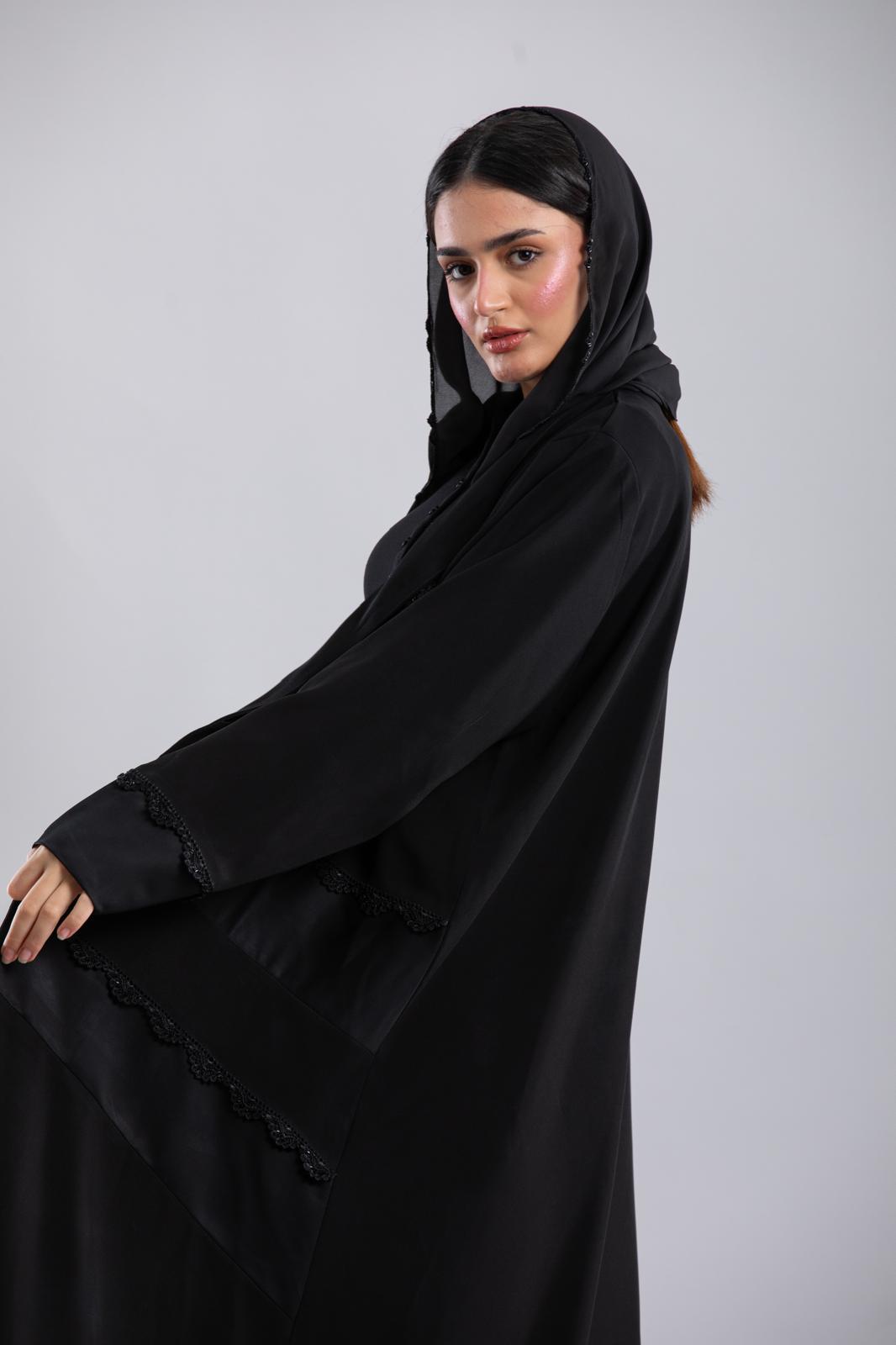 Black Crochet Abaya – Special Design with Side Panels & Front Lining