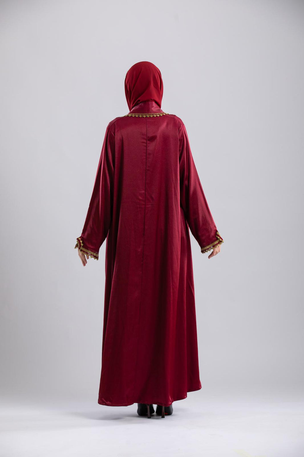 Shimmery dark Mehroon Blazer Abaya – Crochet Detailing, December Special