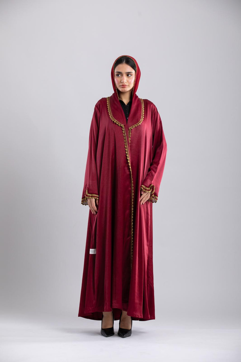 Shimmery dark Mehroon Blazer Abaya – Crochet Detailing, December Special