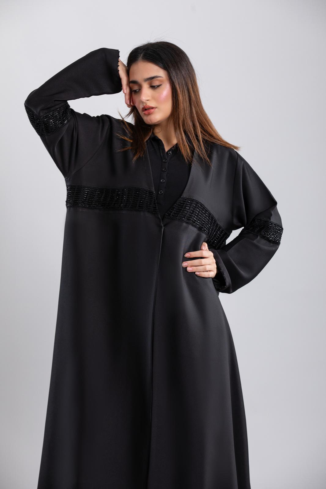 Italian Crepe Abaya – Elegant Design with Crochet Details