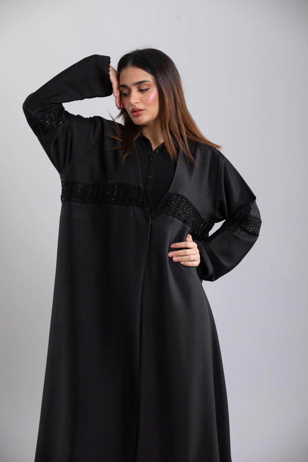 Italian Crepe Abaya – Elegant Design with Crochet Details