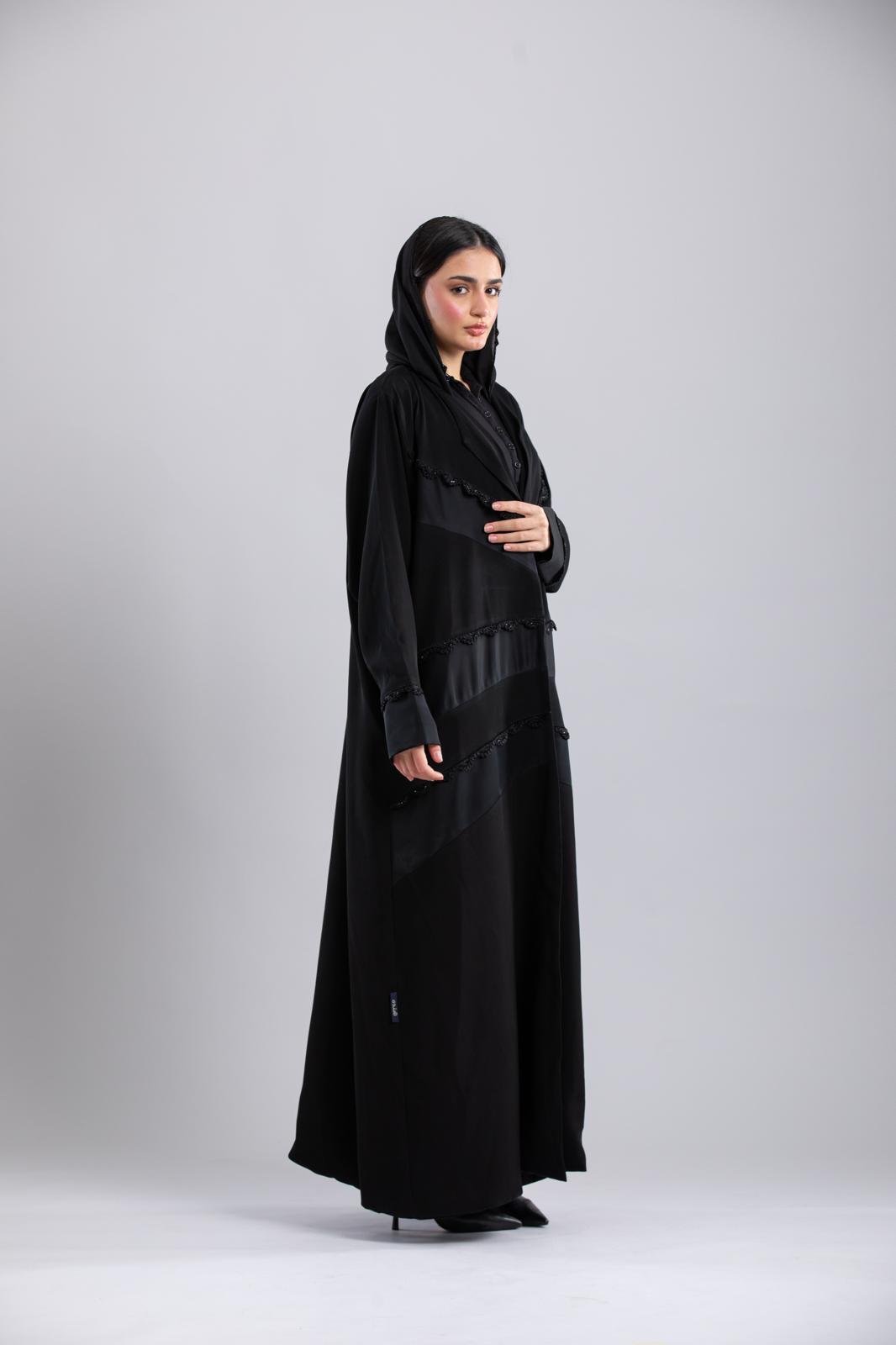 Black Crochet Abaya – Special Design with Side Panels & Front Lining